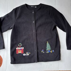 Ladies Club Christmas Holiday Fleece Cardigan Black Sz Large Embroidered
